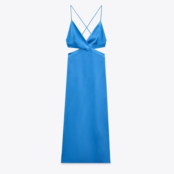 ZARA Satin Effect Cut Out Midi In Blue - Picture 17 of 17